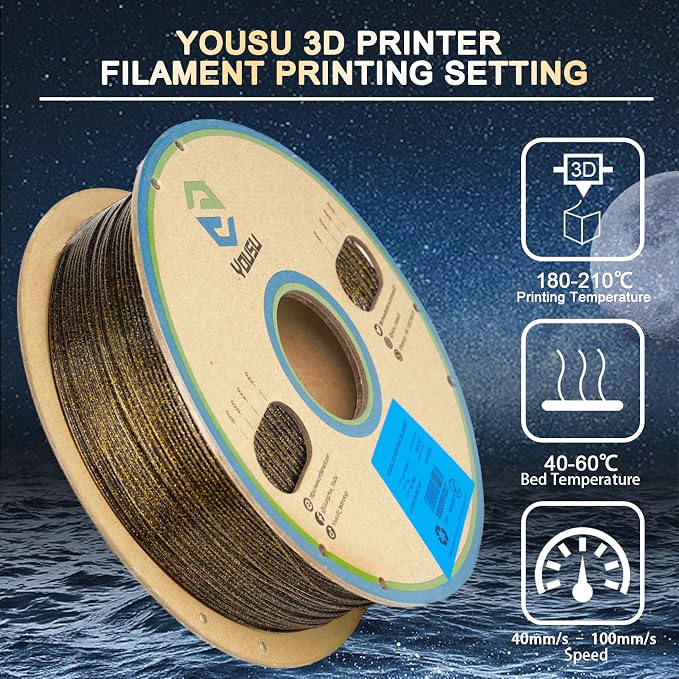 YOUSU 3D Printer Filament PLA Filament 1.75mm Gold 3D Effect Glitter-Black filament1kg(2.2lbs).