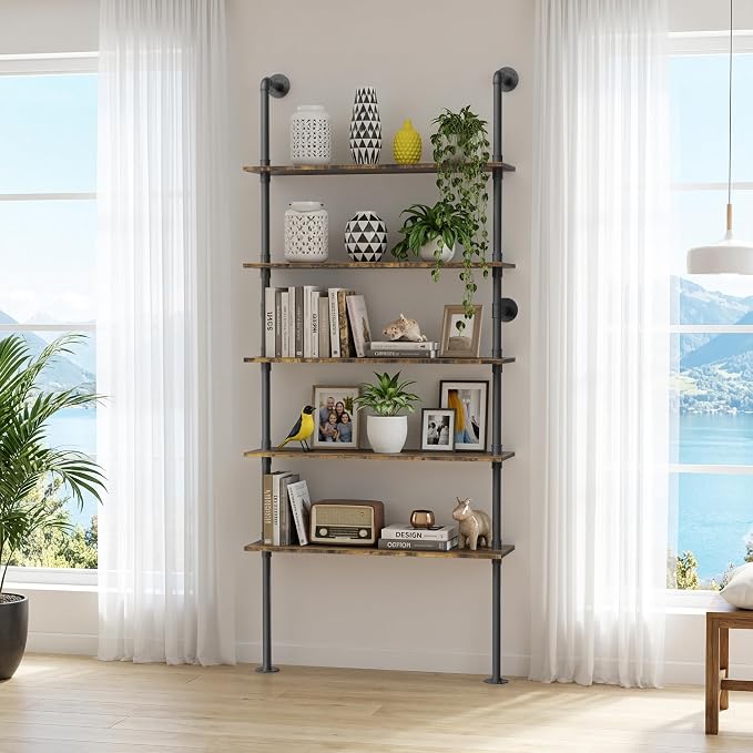 Merapi 5 Tier Wall Mounted Shelves for Coffee Bar & Bookshelf, Rustic Industrial Pipe Floating Wall Shelves, Farmhouse Wall Shelf for Kitchen Storage, Living Room, Bathroom & Pantry Organizer