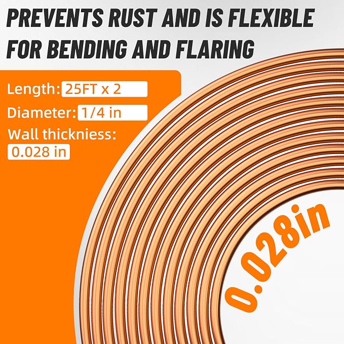 1/4" Brake Line Repair Kit, Double & Single Brake Line Flaring Tool Kit + 2 Set 25ft 1/4 Inch Brake Line with 80 Pcs Fittings(6 Unions Included) + Brake Line Bender