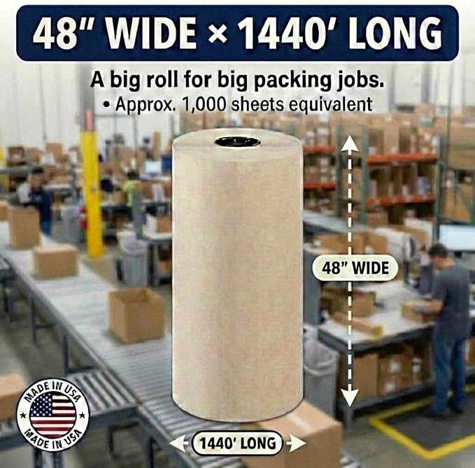 BOX USA Packing Paper Roll 1440'L x 48"W - 1,000 Sheets 17” Long Equivalent - Large White Newsprint for Shipping, Packaging, Storage and Moving Supplies