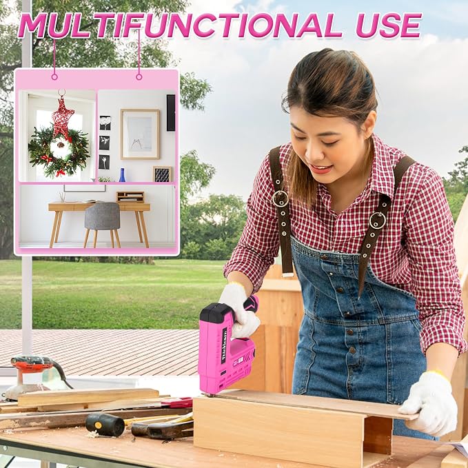 Pink Electric Staple Gun, 7PCS 2 in 1 Cordless Stapler Nail Gun Set with 3300pcs Staples Nails, 4V Brad Nailer Tacker for Upholstery, Wood, Carpentry, Crafts, DIY, Brad Nailer Kit with USB Charger
