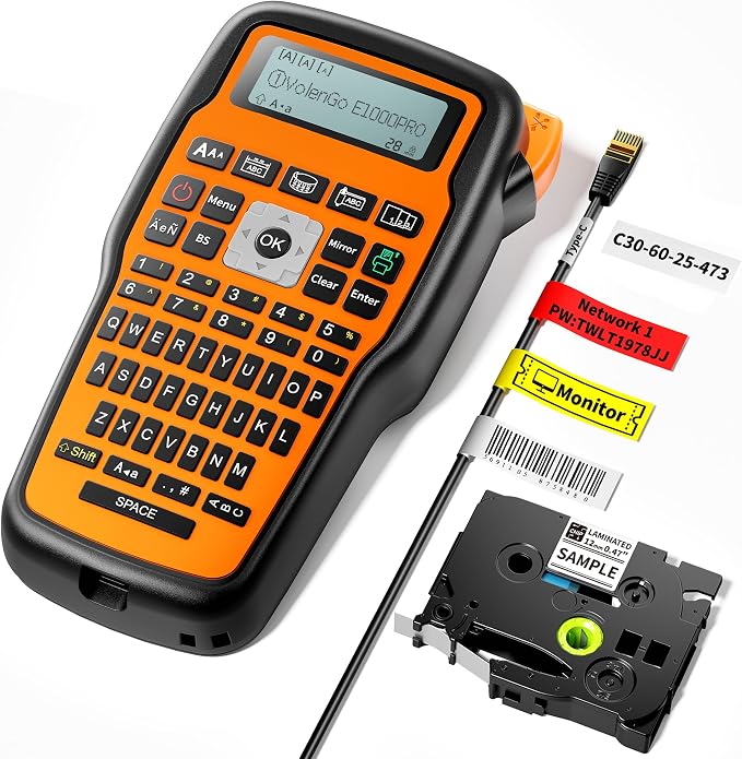 Label Maker Machine with-Tape, Heat Shrink Label Maker Waterproof-Labels, Wire Cable label Maker, E1000 Labeler Machine with-Tape 12mm Laminated Handheld Labeling Machine for Industrial Office