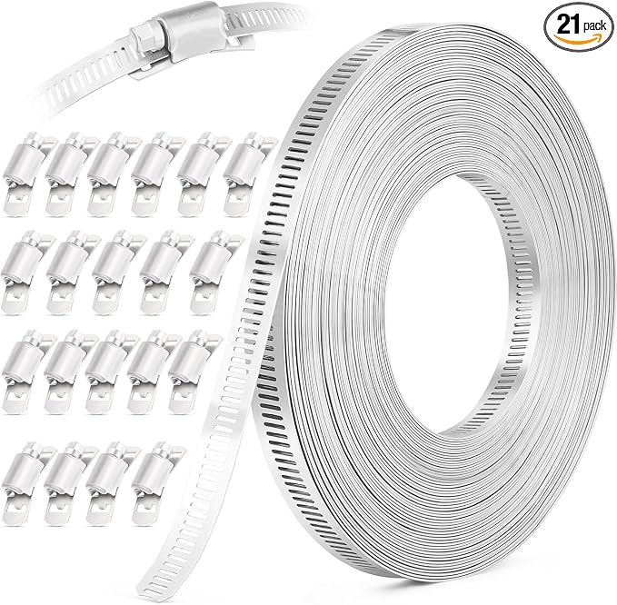 OURU 50FT Hose Clamps,304 Stainless Steel Hose Clamp Assortment Kit DIY Metal Strapping with Holes+20 Fasteners,Adjustable Worm Gear Large Hose Clamps Metal Band Screw Clamp Straps for Pipe,Duct,Tube