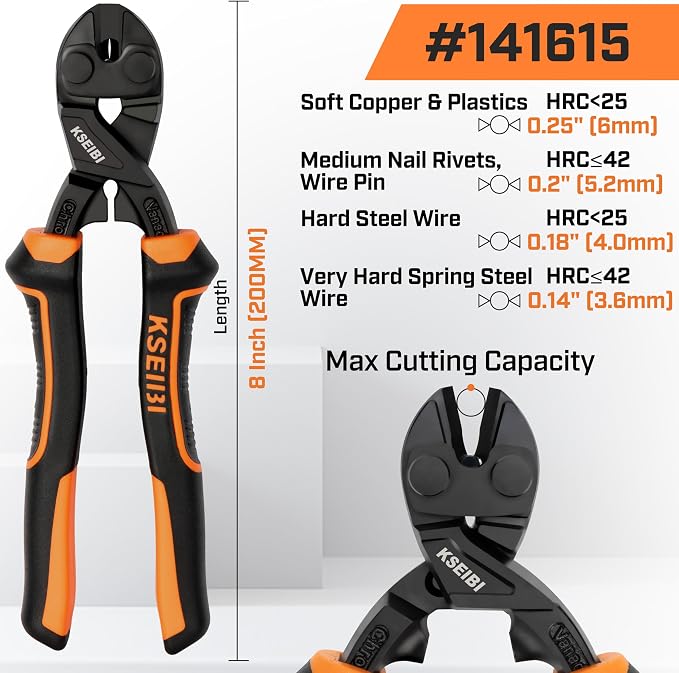 KSEIBI 8-Inch Mini Bolt Cutters Heavy Duty - Compact Bolt Cutter with Anti-Slip Handle for Wire, Cables, Chains, Small Screws - Handy Tool Featuring High Leverage Design and CrMo Blades - 161615