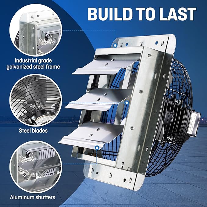 iLiving 10" Wall Mounted Shutter Exhaust Fan, Automatic Shutter, with Thermostat and Variable Speed controller, 65W, 820 CFM, 1200 SQF Coverage Area Silver (ILG8SF10V-ST)