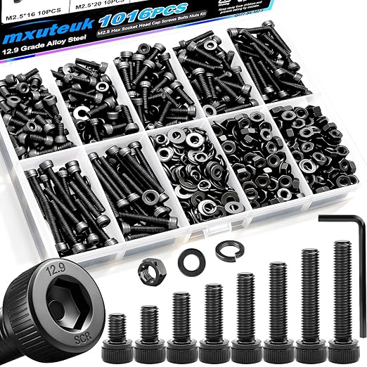 mxuteuk 1016PCS M2.5 Screws Kits,M2.5×4/6/8/10/12/16/20/25mm M2.5 Bolts,12.9 Alloy Steel M2.5 Hex Socket Head Bolts Nuts Washers Set Suitable for 3D Printer,DIY