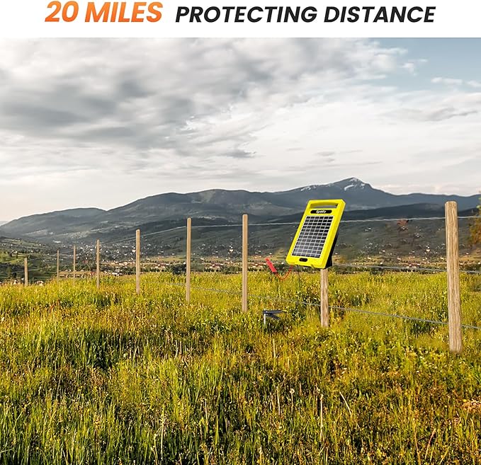 24 Hour Solar Electric Fence Charger, 20 Miles, Up to 10200v Output Range Electric Fence Charger, 0.32J Portable Energizer with Solar Panel for Livestock & Predator Protection