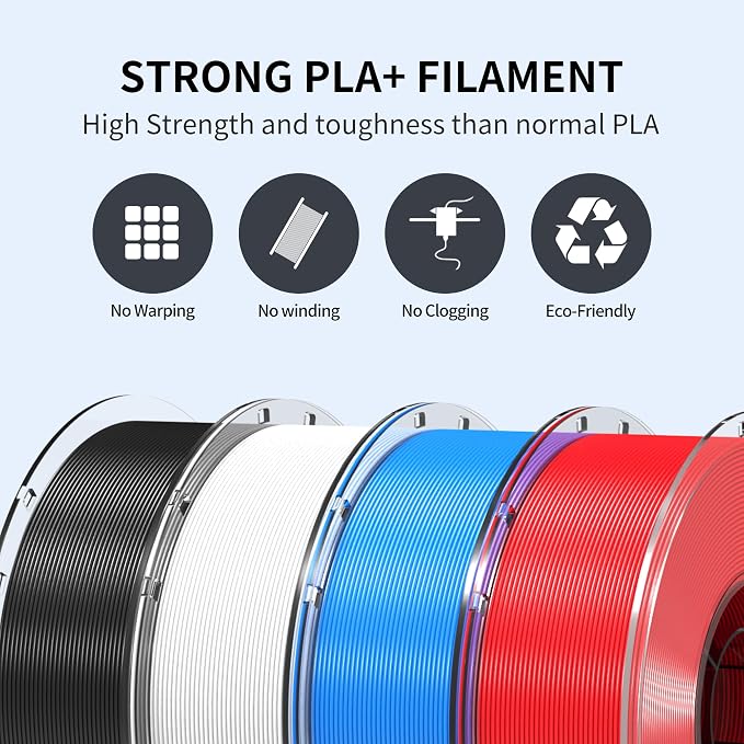 RAMBERY PLA+ 3D Printer Filament Bundle 4KG Toughness Upgraded 1.75MM 3D Printing Filament Fit Most FDM Printers，Black/White/Blue/Red，1KG X 4 Spools