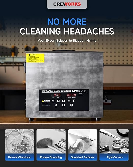CREWORKS 15L Digital Ultrasonic Cleaner with Degas Gentle Modes, 4 gal. Ultrasonic Cleaning Machine, 360W Professional Ultrasound Cleaner with 450W Heater & 30 min Timer for Auto Machine Parts Tools