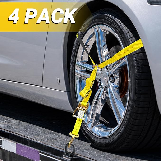 Car Tie Down Straps for Trailers, 4 Pack 2" x 144" Heavy Duty Car Hauler tire Straps, 10,000 lbs Break Strength, Ratchet Straps with Snap Hooks & Axle Straps for Cars, SUVs, Trucks, ATVs & UTVs