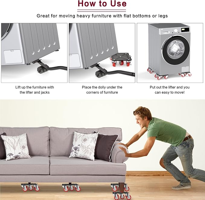 Heavy Duty Furniture Dolly with 5 Wheels, 3300 lbs Load Capacity for Easy Moving and Storage, Furniture Lift Mover Tool Set Perfect for Heavy Home or Office - Made of Premium Carbon Steel(4 Packs)