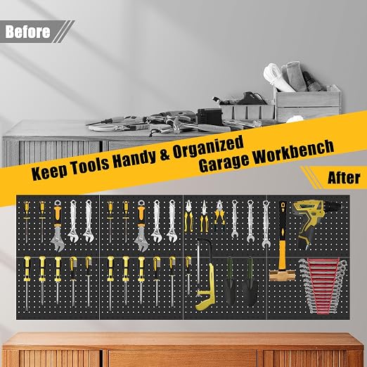 PBHEPJ 10 Pcs Metal Pegboard Panels, Heavy Duty Peg Boards for Garage and Garden Tool Storage, Includes Drywall Anchors and Screws Kits, Black (10 pcs 16in x 12in)