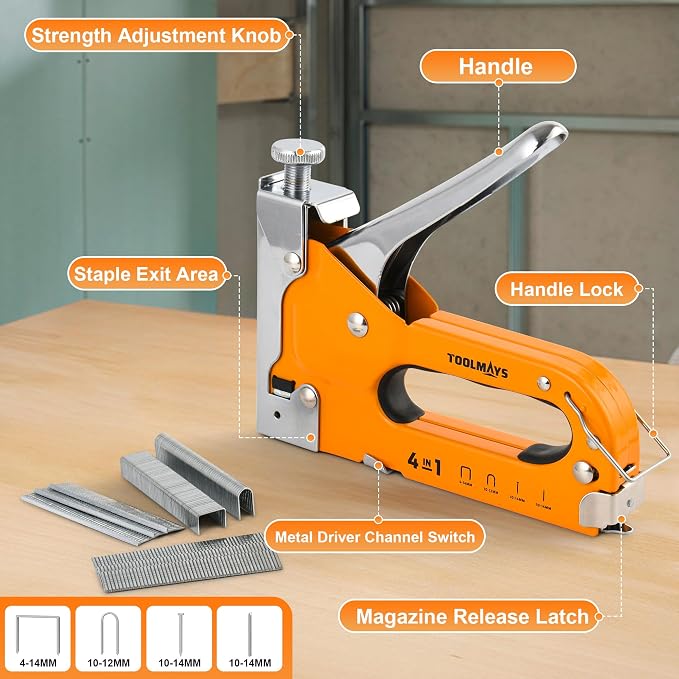4-in-1 Staple Gun, Heavy Duty Stapler with 800 Staples and Staple Remover, Adjustable Force Upholstery Staple Gun for Wood, Furniture, Crafts, DIY, Cable, Carpet