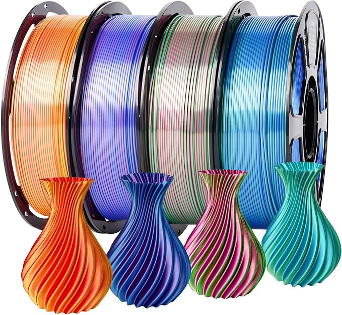 Silk Dual Color Filament Bundle 4KG, Shiny 3D Printer Filament 1.75mm Bulk, Dimensional Accuracy +/- 0.02mm, Individually Vacuum Packed, Bicolor PLA Filament Pack, 4 Spools 1KG Each