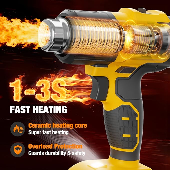 Cordless Heat Gun for De-WALT 20V MAX Battery, 7Pcs Nozzles&Scraper, LED Light, 350W Fast Heating Soldering Hot Air Gun, 2-Temp Setting Max 990℉(532℃), Heat gun for Shrink Tubing, Crafts (Tool Only)