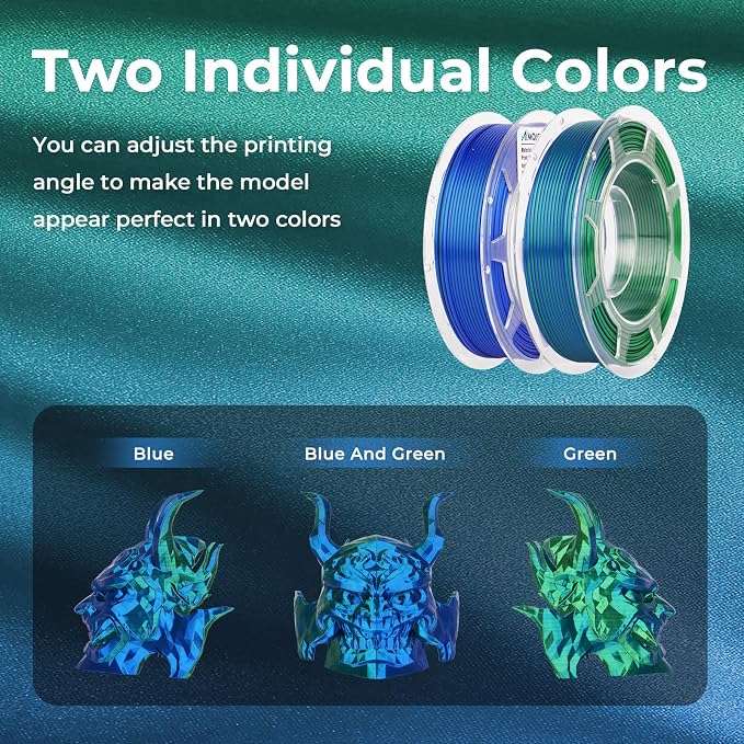 AMOLEN Silk PLA 3D Printer Filament Bundle, Shiny Dual Color PLA Filament 1.75mm Pack, PLA 3D Printing Filament, Blue Green Coral Dark Violet Purple 200g X 4 Spools