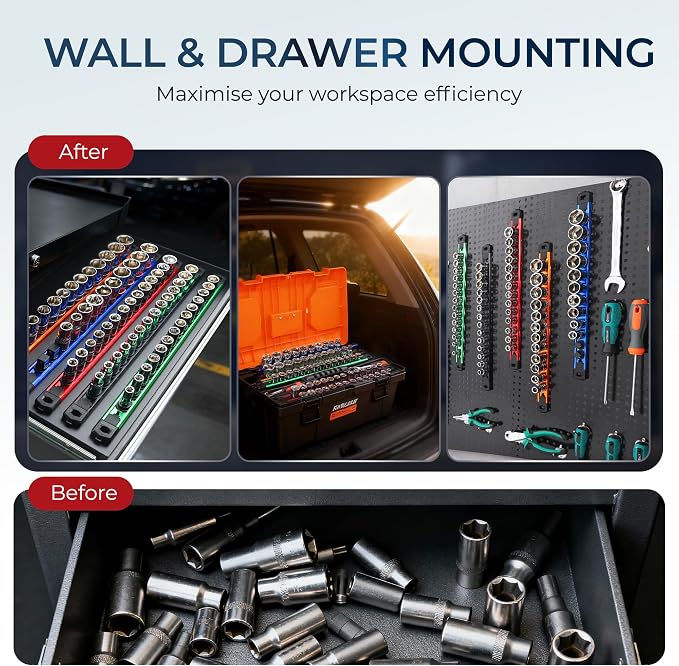 Reniteco Magnetic Socket Organizer Set, 3PC 3/8-Inch Drive Aluminum Alloy Socket Rail, Heavy Duty Magnetic Socket Holder for Tool Box Drawer, 360° Swivel Socket Rack, 3/8" x 42 Clips, Red