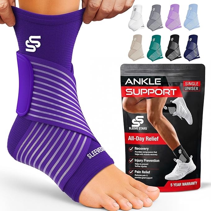 Sleeve Stars Ankle Brace for Women & Men, Ankle Wrap for Sprain, Compression Sleeve for Plantar Fasciitis Relief, Easy Customizable Support: w/ Removable Strap (Single/M:10"-12"/Dark Purple)