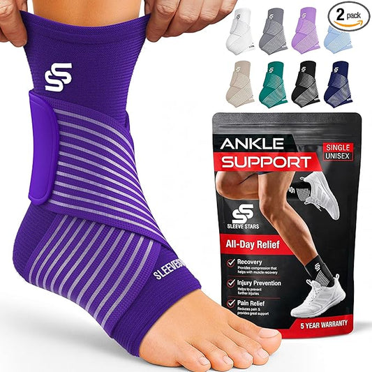 Sleeve Stars Ankle Brace for Women & Men, Ankle Wrap for Sprained Ankle, Compression Sleeve for Plantar Fasciitis Relief, Easy Customizable Support: w/Removable Strap (Pair/M:10"-12"/Dark Purple)