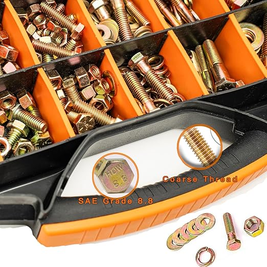 612pcs Heavy Duty SAE Grade 8 Bolts and Nuts Kit, 1/4-20,5/16-18,3/8-16,1/2-13 Bolt Assortment Kit Including Nuts Washers, Yellow Zinc Plated