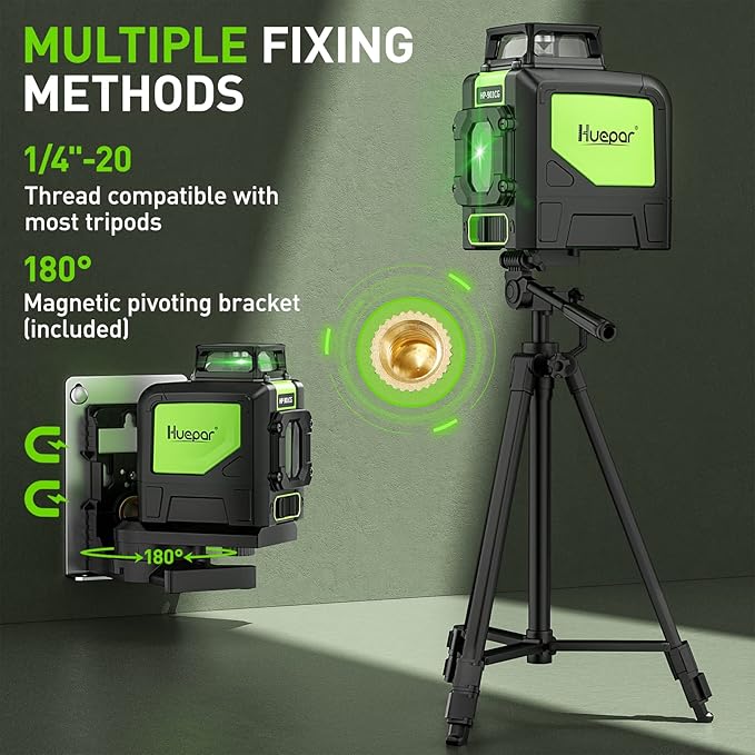 Huepar 901CG Self-Leveling Laser Level, 360 Green Beam Cross Line Laser Tool, Alignment 360-Degree Horizontal Line with Pulse Mode, Magnetic Pivoting Base Included