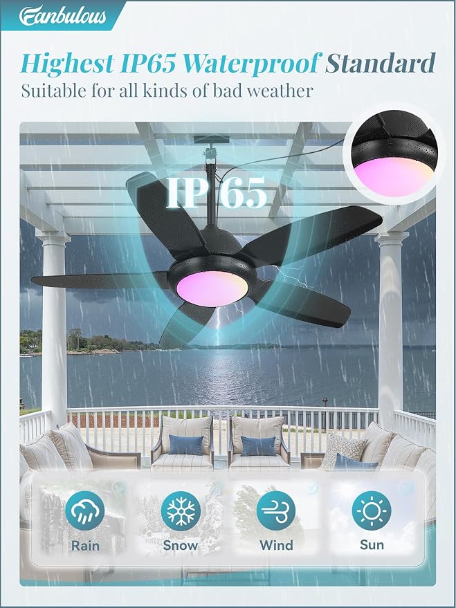 Fanbulous 42 Inch RGB Waterproof Outdoor Ceiling Fan with Lights,APP & Remote Control,IP65 Hanging Gazebo Fan with 3CCT 6-Speed DC Motor,Black Wet Rated Plug in with Cord for Patios Porch Pergola