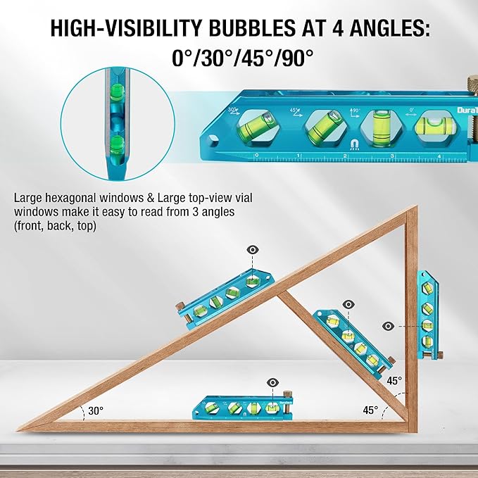 DURATECH 3-Piece Level Tool Set, Magnetic Torpedo Level Included 2.5", 6.25", 8" Leveler with 0°/30°/45°/90° Bubbles, V-Groove, Large Viewing Window, Aluminium Alloy Construction, SAE and Metric Scale