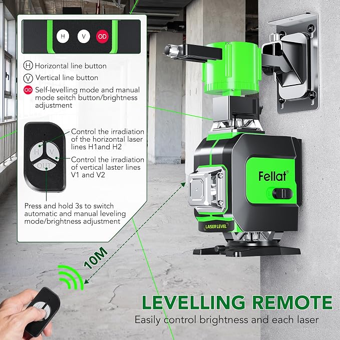 Laser Level, 4x360° Self Leveling Green Cross Line Laser for Construction and Picture Hanging with Rechargeable battery, Remote Controller, Magnetic Rotating Stand