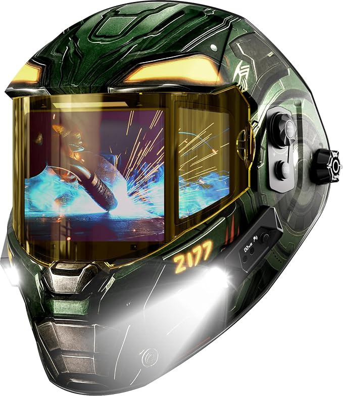 ANDELI Intelligent Auto-Adjustment Welding Helmet with 2 Lights,7.2" x 3.2" Panoramic View,3-Sided Auto Darkening,Internal Display,Rechargeable/Memory/Gradient,True Color for Weld Cut Grind(1500mAh+)