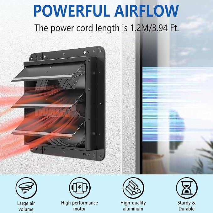 14 Inch Shutter Exhaust Fan, Aluminum Wall Mounted Exhaust Fan with Power Cord,1558 CFM High Speed Automatic Louvered Vent Fan for Greenhouse, Factory,Shop,Garage, ETL Listed
