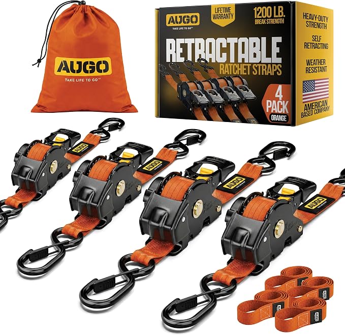 AUGO Retractable Ratchet Straps | 4 Heavy Duty Self Retractable Tie Down Straps with Soft Loops & Storage Bag for Motorcycle, Truck, Trailer, Cargo Van | 1200 Lb Break Strength 1' x 10'