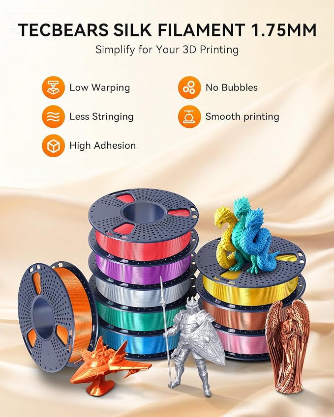 TECBEARS Silk Filament 1.75, Shiny Silk PLA Filament, 3D Printer Filament with Smooth Silky Surface, 250G Spool, 8 Rolls, Gold+Silver+Black+White+Bronze+Red Cropper+Brass+Pink
