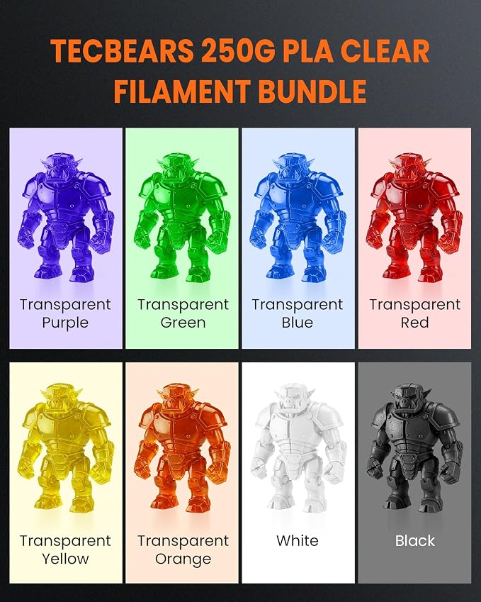 TECBEARS Translucent PLA 3D Printer Filament, PLA Filament Bundle, 0.25kg Each Spool, Total 2kg, 8 Packs, Black+White+Transparent (Red,Purple,Orange,Blue,Yellow,Green)