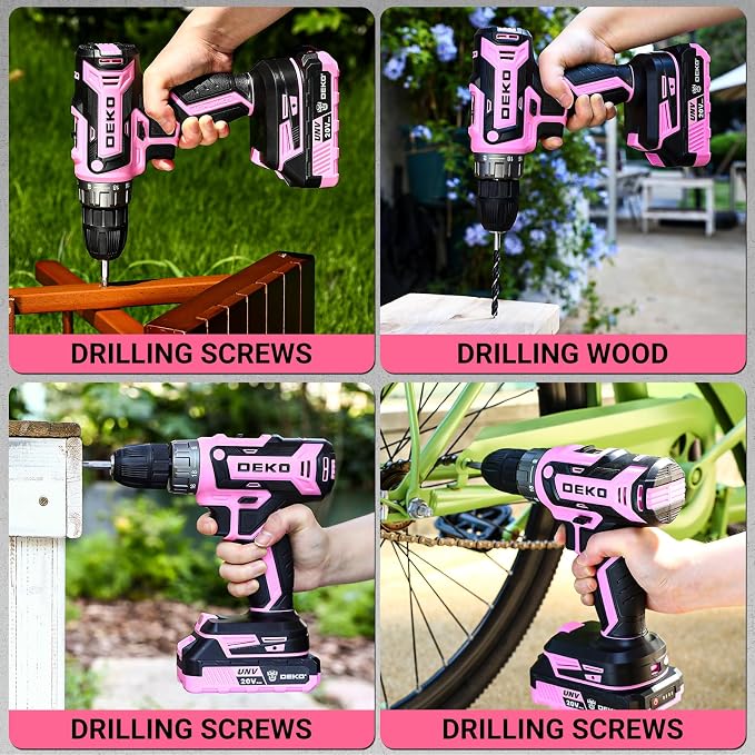 Power Drill Cordless: DEKOPRO 20V Electric Drills with 3/8-Inch Keyless Chuck, Variable Speed, Power Cordless Drill Set Tool with 2 Batteries, Charger&30 Accessories(Pink)