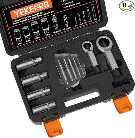 11PCS Bolt Extractor Set, Heavy Duty Screw & Stud Remover Kit for Stripped, Rusted & Damaged Bolts, Nuts and Pipes