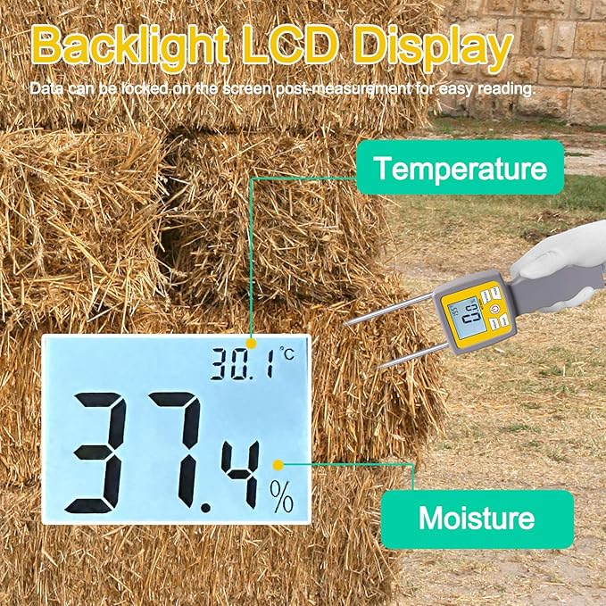 Hay Bale Moisture Tester, Hay Moisture Meter with Long Probe, Portable Bale Moisture Meter for Hay Bales, Forage Grass, Alfalfa, Orchard Grass and Other Hays | Portable Digital Probe with Backlit LCD, 0-84% Moisture Range for Hay Bales
