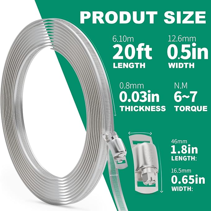 OURU 20FT Hose Clamps,304 Stainless Steel Hose Clamp Assortment Kit DIY Metal Strapping with Holes+10 Fasteners,Adjustable Worm Gear Large Hose Clamps Metal Band Screw Clamp Straps for Pipe,Duct,Tube