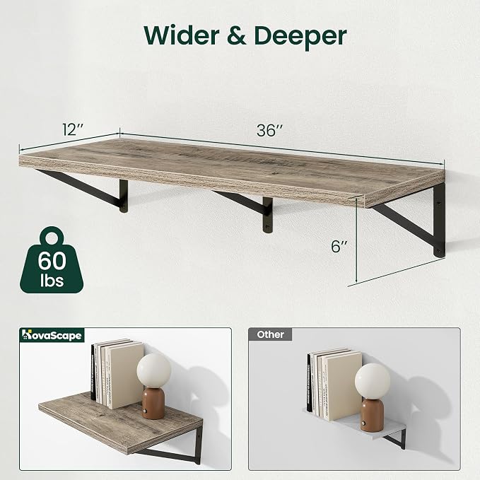 Floating Shelves 12 Inch Deep, 36W x 12D Wall Shelf Set of 2, 60 lbs Heavy Duty Reversible Metal Brackets, Deep Industrial Book Shelf for Living Room Kitchen Bath Bedroom Coffee Bar, Grey