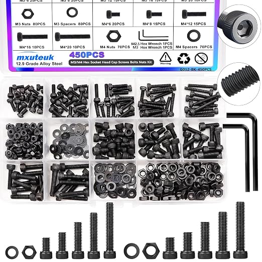 mxuteuk 450PCS M3 M4 Screws Assortment Set,6/8/12/16/20mm Screws Bolts Nuts Kit 12.9 Grade Alloy Steel Hex Socket Head Cap M3 M4 Bolts with Hex Wrench