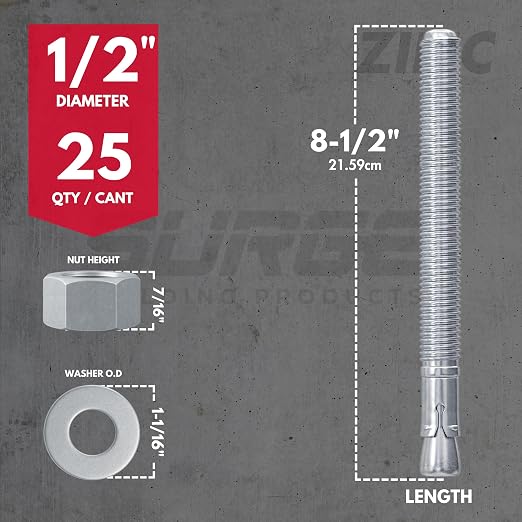 1/2" x 8-1/2" Zinc-Plated Wedge Anchors for Concrete and Cement | Heavy-Duty 1/2 Concrete Anchor Bolts (Box of 25)