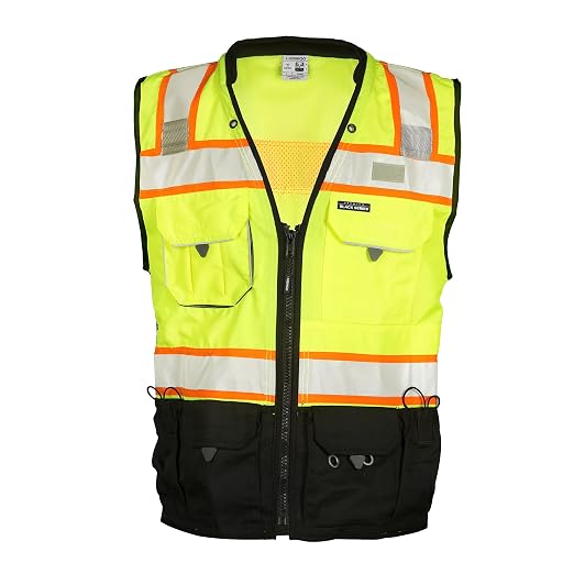 Kishigo Premium Black Series Men's Surveyors Vest S5002, Class 2 Hi-Vis Safety Vest, 10 Pockets with Reinforced Front Zipper Closure & Durable Webbing, ANSI/ISEA 107 Compliant (Lime/Black, 3XL)