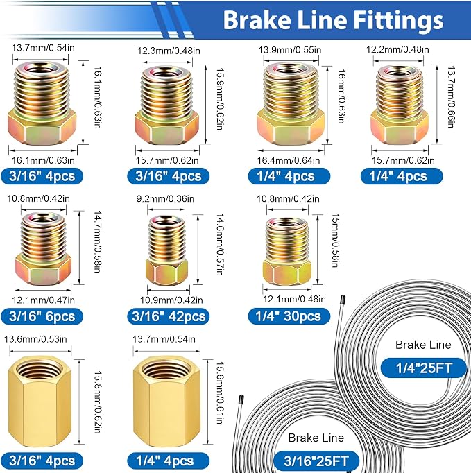 smseace 112Pack 3/16 Inch Brake Line Flaring Tool Kit Include 25 FT Zinc-Plated Brake Line Kit with 94pcs Fittings,8pcs Union,Tubing Bender,Double & Single Flare Tool,Cutter