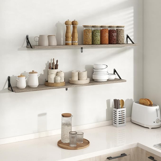 Floating Shelves 8 Inch Deep, 48W x 8D Wall Shelf Set of 2, 70 lbs Heavy Duty Reversible Metal Brackets, Industrial Book Shelf for Living Room Kitchen Bathroom Bedroom Gallery Wall, Grey