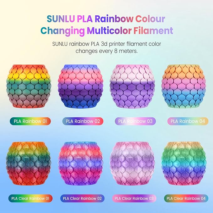 SUNLU Transparent Rainbow PLA Filament 1.75mm, Multicolor Gradient 3D Filament, Neatly Wound 3D Printing Filament, Dimensional Accuracy +/-0.02mm, 1KG Spool(2.2 lbs), Transparent Rainbow PLA 02