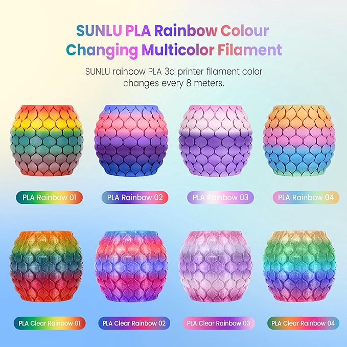 SUNLU Transparent Rainbow PLA Filament Bundle Multicolor, Neatly Wound Gradient Rainbow PLA 3D Printer Filament 1.75mm ±0.02mm, Individually Vacuum Packed, 0.25kg per Spool, 1kg in Total, 4 Pack.