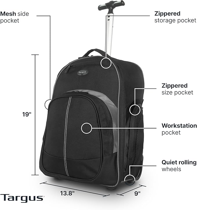 Targus 16 Inch Compact Rolling Backpack, Black - Wheeled Travel Bag Fits Laptops Up to 16”