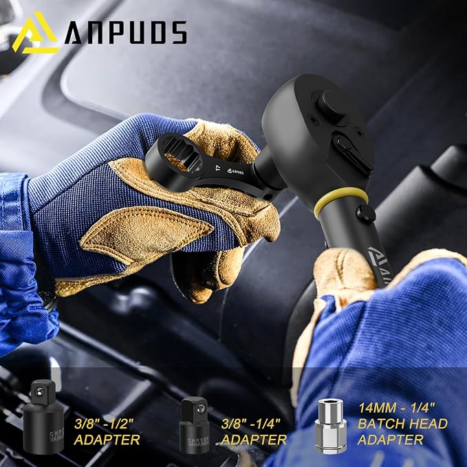 ANPUDS 17 Pcs Metric Torque Adapter Set, 8-22mm, 3/8" 12-Point Extension | 1/2''+1/4'' + Bit Adapter, Cr-Mo Steel, Torque Wrench Adapter, for Engine Bay, Brake, Suspension & Tight Access, Black