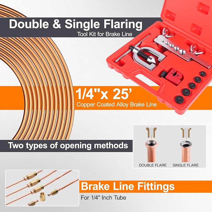 1/4" Brake Line Repair Kit, Double & Single Brake Line Flaring Tool Kit + 2 Set 25ft 1/4 Inch Brake Line with 80 Pcs Fittings(6 Unions Included) + Brake Line Bender