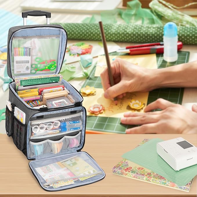 LUXJA Rolling Scrapbook Tote, Scrapbook Bag with Detachable Dolly (Patented Design), Gray