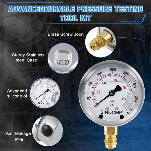 Hydraulic Pressure Test Kit with 4 Gauges 10 Couplings 3 Hoses, Hydraulic Tester Gauge Set 10Mpa/25Mpa/40Mpa/60Mpa for Excavator Construction Machinery